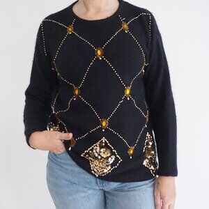 Vintage Karen Scott Black Embellished 58% Silk 2% Wool Sweater Holiday Glam PM